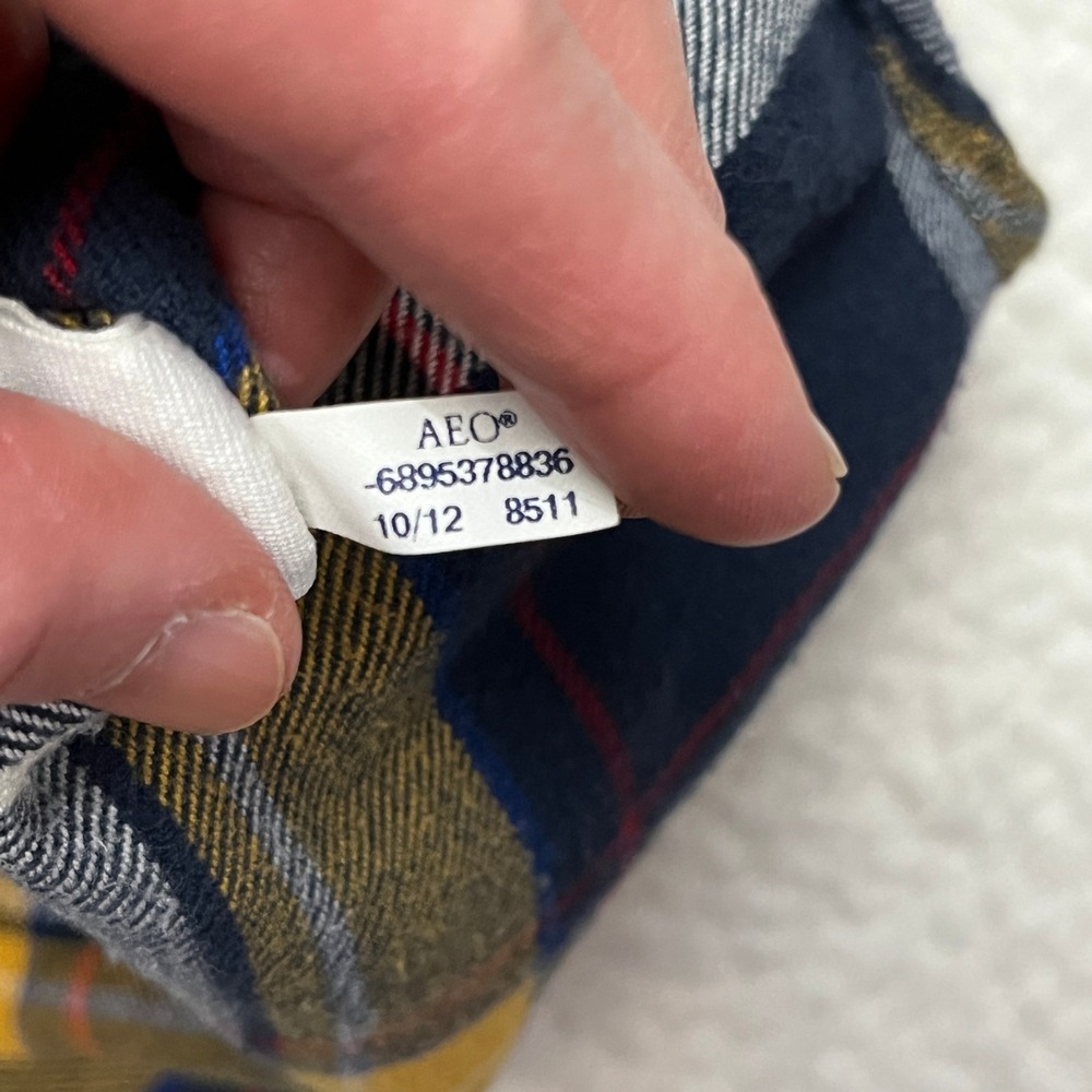 American Eagle Flannel Shirt Mens L Yellow Navy Plaid Athletic Fit Button Down - Picture 7 of 10